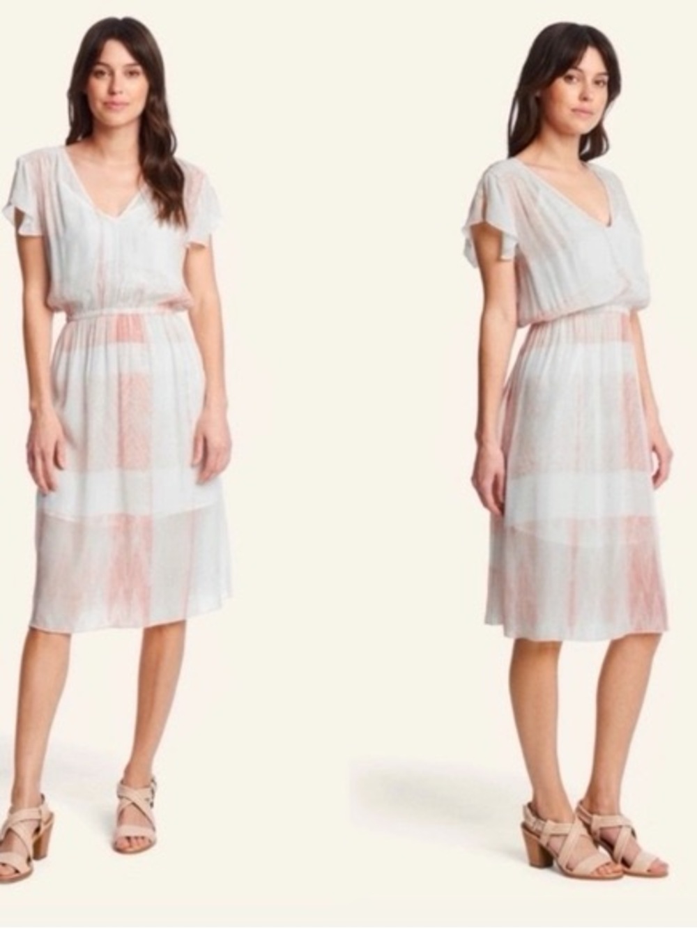 Frye Pink and White V-Neck Flutter Sleeve Midi Dress